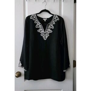 Madison Embroidered 100% Linen Tunic Top Long Sleeve Black‎ Size XL